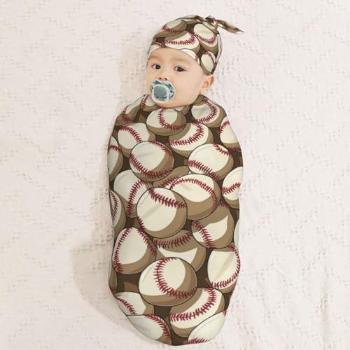 Image of Ball Baseball Pattern Newborn Swaddle Blanket Hat Sets Soft Baby Receiving Blankets Swaddle Sack for Baby Shower Infant Boy Girl Gift