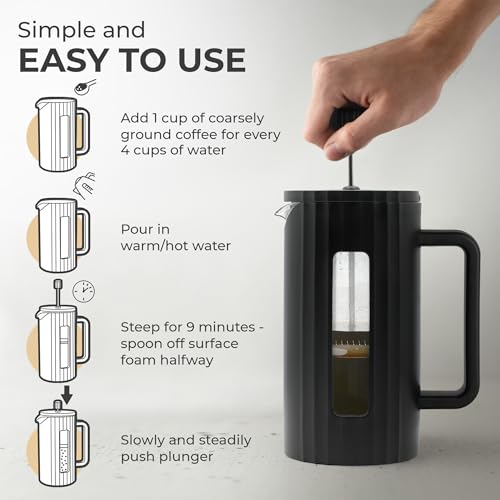 Kaffe French Press Coffee Maker (34oz / 1L) - Borosilicate Glass and BPA-Free Plastic Coffee Press - Matte Black - Lightweight Travel & Camping Coffee Maker