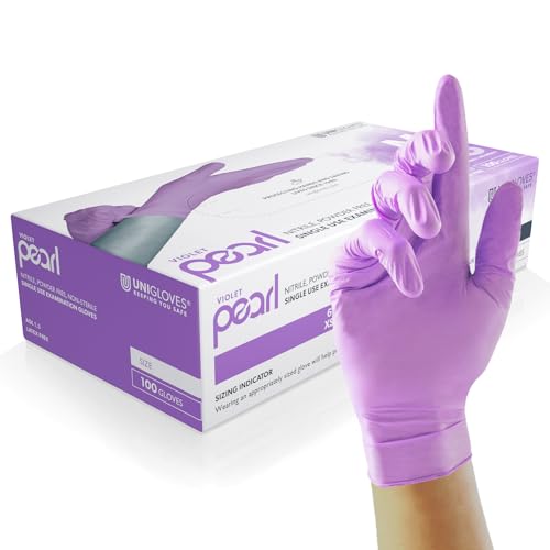 Unigloves Violet Pearl gants d'examen en nitrile - gants jetables polyvalents, sans poudre et sans latex - boîte de 100 gants, violet, taille XL (GP0075)