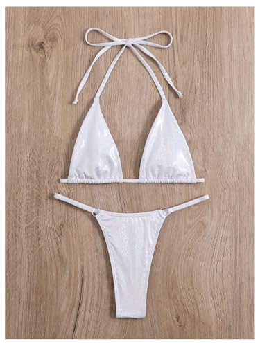 SOLY HUX Women's Metallic Bathing Suit Halter Micro Triangle Top Swimsuit String Thong Two Piece Bikini Sets3