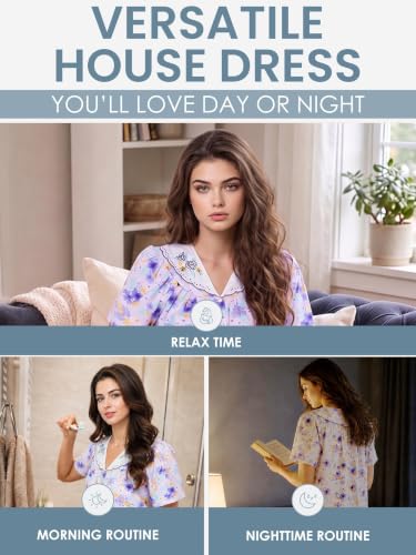 Image of Casual Nights Women's Snap - Front House Dress Short Sleeve Woven Housecoat Duster Lounger Robe with Pockets