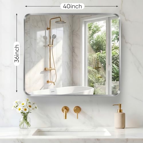 Image of Sweetcrispy Bathroom Mirror 40x36 Inch Metal Framed Rounded Rectangle Vanity Mirror for Wall, Over Sink, Farmhouse, Restroom, Anti-Rust, Modern Decorative, Horizontal or Vertical Hanging, Silver