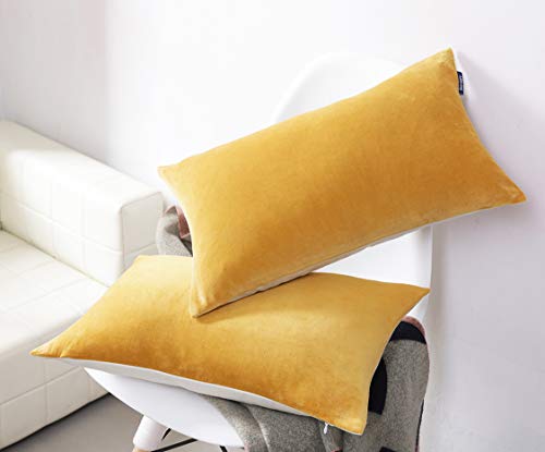 Aitliving Soft Cotton Velvet Decorative Throw Lumbar Pillow Cover 1Pc Yellow Gold Classic Velvet Cozy 12X20 Bolster Cushion Pillowcase Cover For Couch Bedroom Sofa Car W/Natural Cotton Linen Reverse #TOP4