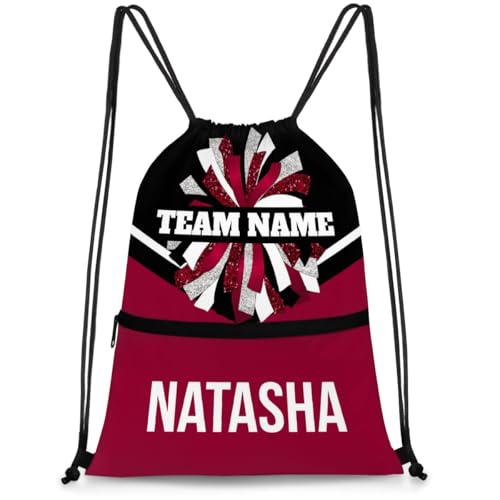 Personalized Cheerleader Drawstring Backpack Dance Bag Gymnastics Bag for Girl, Custom Sport Sackpack String Gym Bag for Cheer Team Red Black Cheer