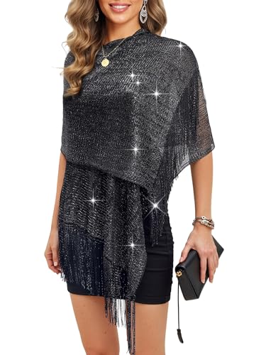 Womens Sparkly Metallic Knit Fringe Scarf Glitter Long Skinny Scarf for Party2