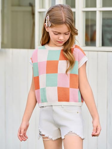 Image of Haloumoning Girls Summer Crop Tops Color Block Vest Cute Tanks Cap Sleeve Tee Loose Kids Knit Top 5-14 Years