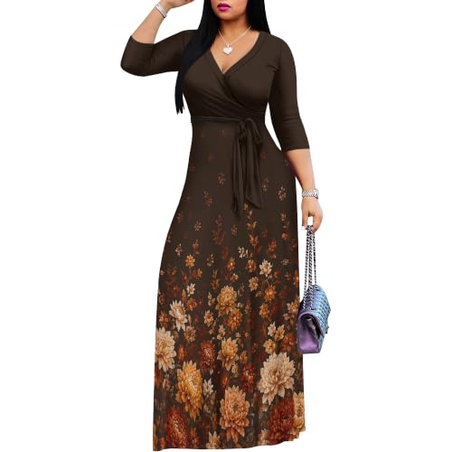 Image of Plus Size Maxi Dress for Women V Neck 3 /4 Sleeve Wrap Dress Brown 3XL | Brown Floral Women's Maxi Dress for Thanksgiving Birthday