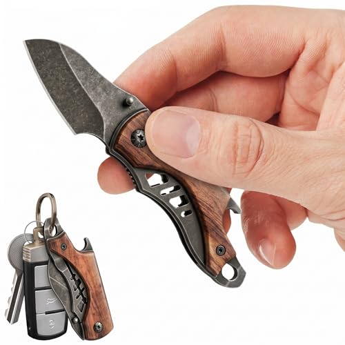 Small Pocket Knife for Men - 5.7’’ Keychain Knife with Bottle Opener - Box Cutter - Wood Handle - Liner Lock - Legal Folding Mini Multitool - Cool Sharp Tiny EDC Gadgets - Gift for Everyone 6779 N