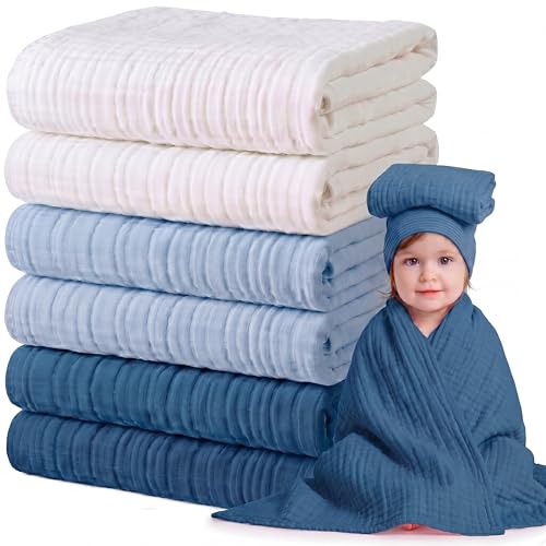Image of Chumia 6 Pack Baby Muslin Bath Towels Bulk 43.3 x 43.3 Inch 6 Layer Soft Cotton Swaddle Receiving Blankets Breathable Quick Dry for Newborn Infant Toddler, Baby Shower Registry Gifts(Blue and White)