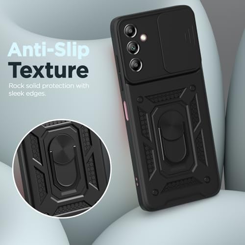 Image of Amazon Basics Back Cover for Samsung Galaxy A14 4G / A14 5G | 360 Protection Case | Sliding Camera Sheild Cover & Ring Holder Stand D10 Tough Armor Bumper Case (Black)