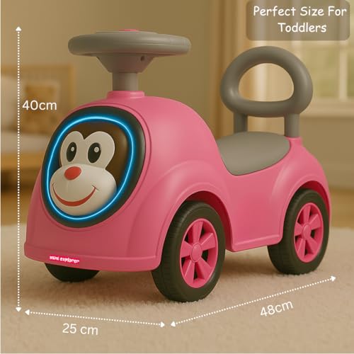 Image of MiniExplorer Monkey Ride-On Toy Car for Kids | Push Ride Car with Music, Horn, Backrest, Safety Guard, Under Seat Storage & Big Wheels | Baby Ride-On for 1-3 Years Boys & Girls - Pink