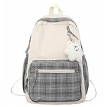 Aesthetic Plaid Backpack, Cute Girl Lattice Travel School Bag with Pendant, Lightweight Casual Rucksack, Back to School Laptop Bag (C)