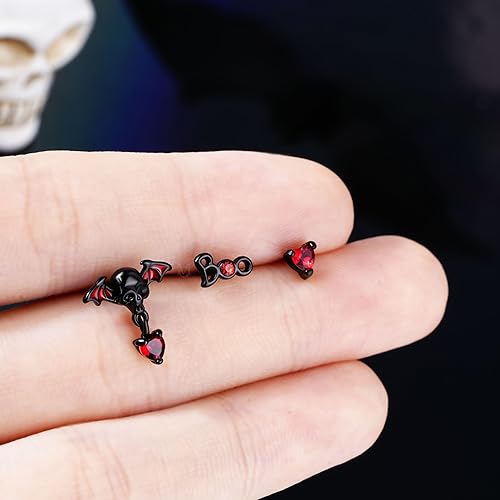 CM Crareesi Mania 3PCS Nose Studs Pack 316L Stainless Steel Black Nose Rings for Halloween 20G L-Shaped Nose Piercing Jewelry Dangle Nose Rings for Men Red CZ Skull Nose Ring4
