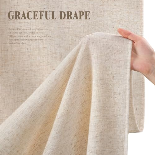 XOGUIBO Linen Shower Curtain Beige, Fabric Boho Farmhouse Shower Curtains for Bathroom Cream Cotton Natural Cloth Liner Set 72\" W x 72\" L