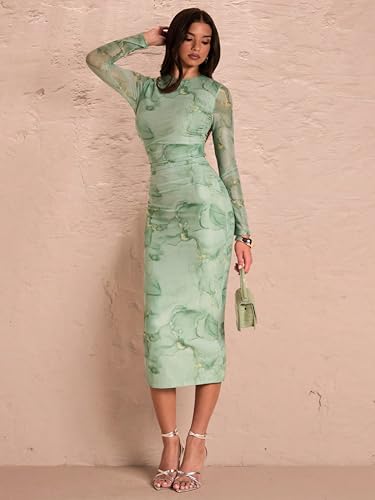 Image of Women's Sexy Round Neck Lounge Long Dress Elegant Long Sleeve Ribbed Bodycon Knee Length Dresses