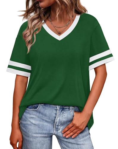 Image of WIHOLL Womens T Shirts Loose Fit Short Sleeve Tees V Neck Color Block Summer Tops 2026 Fashion S-4XL