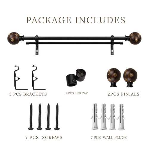 Image of 48 inch-88 inch Adjustable Double Curtain Rod For Door & Windows With Brackets Set Curtains Hanging Extendable Iron Metal Pipe Holder With Mughal Metal Wood Blend Finial (Black, 0.75 inch Diameter)