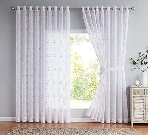 LINENZONE Floor to Ceiling Curtains for Extra Wide Windows. Sheer White Curtain Room Dividers Have Pink Blush Leaf Embroidery. Modern Decor Living Room Curtains. (Maria 108 x 100 Blush)