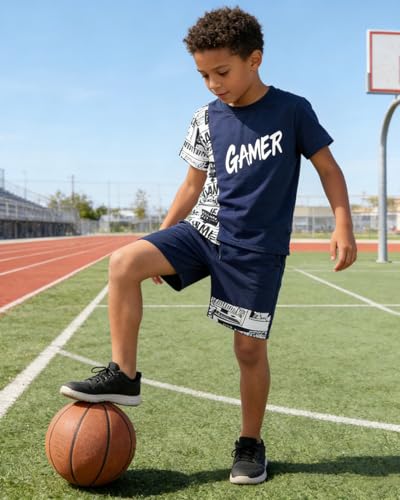 Image of OLMRJKD Boys 2 Piece Outfits Short Sleeve Colorblock T-shirt and Shorts Summer Casual Clothes for 6-12 Years