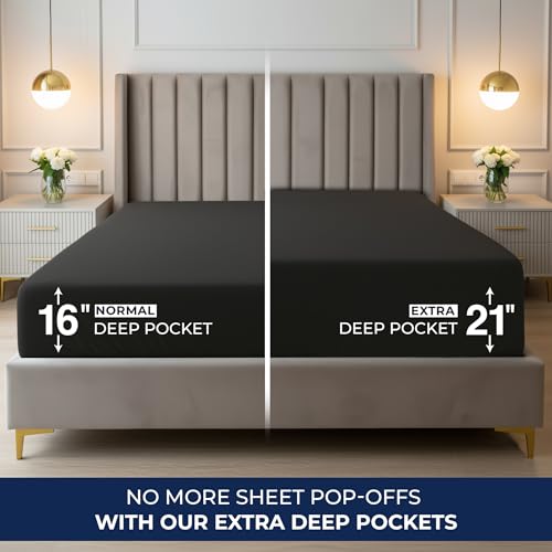 Image of Utopia Bedding Extra Deep Pocket Queen Fitted Sheet, Fits up to 21 Inch Mattress - Hotel Luxury, Soft, Breathable and Comfy - Shrinkage and Fade Resistant - Easy Care - (Black)