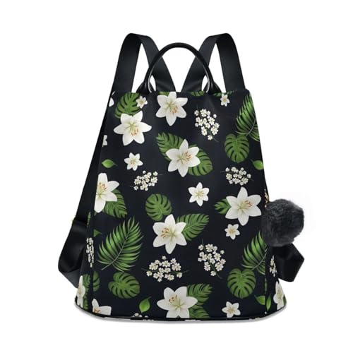 Mochila antirrobo para mujer con diseño de hojas verdes y lirios blancos con cremallera trasera