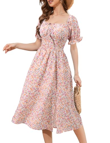 Image of Meetjen Women's Floral Print Summer Beach Dress Midi Casual Short Sleeves Flowy A Line Dresses 2025 Boho Sundresses