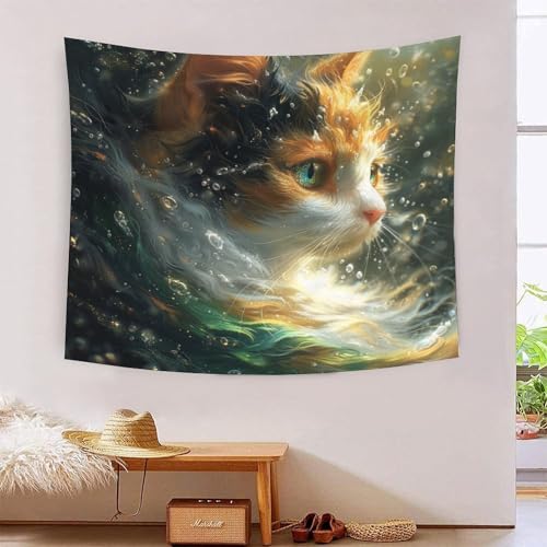 Tapisserie chat 3D 180x230cm grand format en tissu imprimé pour décoration murale de chambre