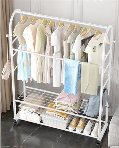 Image of Lukzer Multifuctional White Metal Garment Rack, Heavy-Duty Floor Standing Clothes Hanging Rail, Storage Organizer with 2 Bottom Shoe Shelves, DIY Modern Open Wardrobe (A-Shaped) CH-033