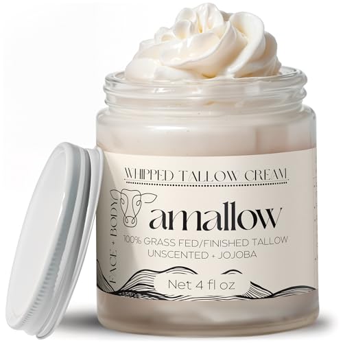 Amallow 100% Grass Fed Beef Tallow for Skin Care - Face + Body - Whipped Moisturizer for Sensitive Skin - Natural Lotion, 4 FL. oz. (Unscented + Jojoba Oil)