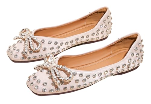 Rhinestone Bow Flats for Women Casual Square Toe Flat Shoes Comfortable Ballet Flats Shoes Dressy Outdoor Mary Jane Shoe 2025
