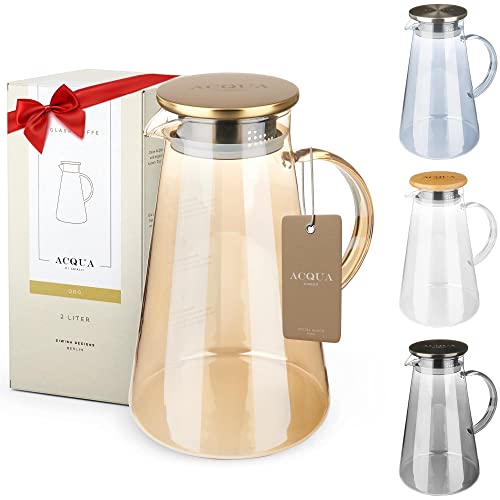 Foto von ACQUA DI AMALFI® Glaskaraffe | Wasserkaraffe 2 Liter mit Edelstahl/Bambus Deckel | Wasserkrug mit Fruchteinsatz | Auslaufsicher | Karaffe auch als Teekanne (GOLD/GOLD)