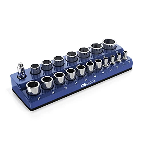 Magnetic Socket Holder | 1/2-Inch Drive | Metric | Blue | Holds 19 Sockets | Professional Quality Tools Organizer | By Olsa Tools #TOP12