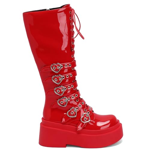 KysBloes Goth Buckle Boots for Women Platform Knee High Boots Lace Up Tall Boots Punk Style Strappy Wedge High Heel Boots2