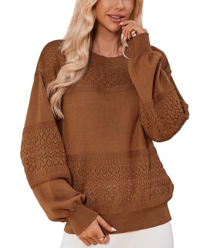 Womens Sweaters for Fall Trendy Crewneck Casual Long Sleeve Crochet Hollow Knit Pullover