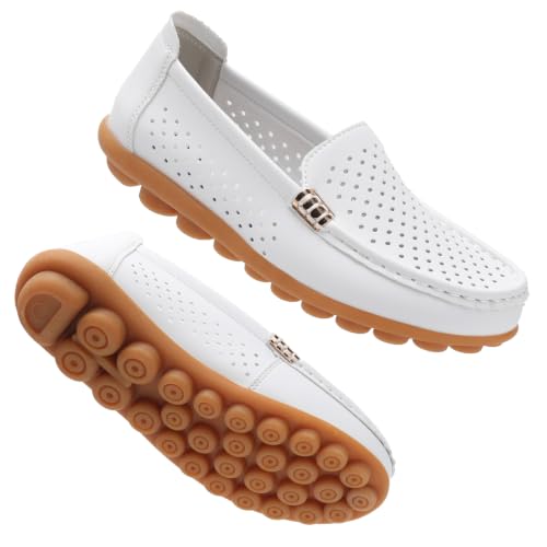 Image of Women's Comfortable & Lightweight Leather Loafers Slip-Ons Driving Walking Mocs Boat Shoes Cute Business Casual Dress Shoes Work Flats for Women