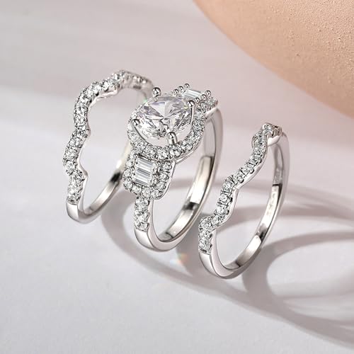Jeulia 2 Carat Engagement Halo Rings for Women Sterling Silver Round Cut Bridal Set Cubic Zirconia Wedding Diamond Band Rings Promise Anniversary Rings for Her3