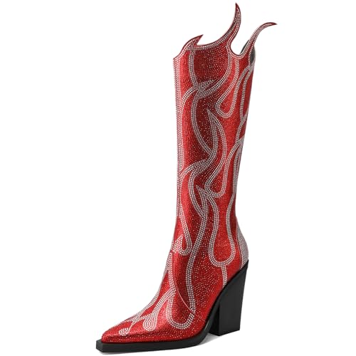 YIYA Women's Rhinestone Flame Pattern Knee High Boots Pointed Toe Chunky High Heel Fashion Side Zipper Sparkly Boots2