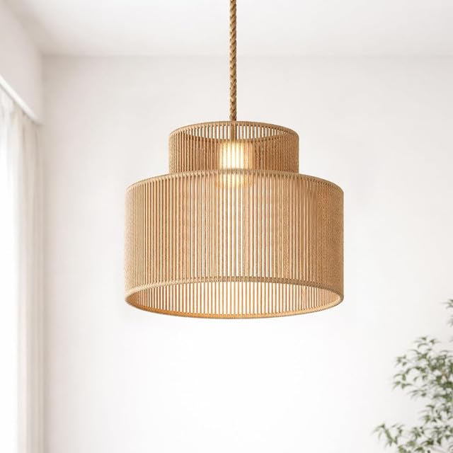 Round Rattan Lampshade, Small Natural Jute Pendant Lampshade Double Layer Hand-Woven Wicker Light Shade Boho Hanging Ceiling Light Shade for Living Room Dining Room Bedroom