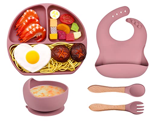 FILOWA Assiette pour Bébé Set de Table Lot de 5 Silicone Antiderapant avec Ventouse Bol Cuillère Fourchette Bavoir Sans BPA Assiette Enfant Fille Set,Passe au Lave Vaisselle et Micro Onde,Rose