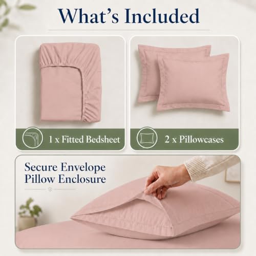 Image of LANE LINEN 100% Organic Cotton Fitted Bedsheet for Double Bed - Sepia Rose | GOTS Certified, Percale Weave, 78x60 inches, Fits Upto 12 inch Mattress, Soft, Breathable, Washable, 2 Pillow Covers