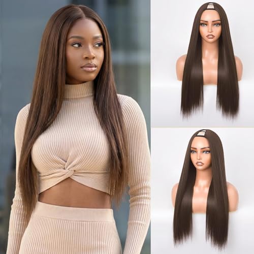 Yaki Straight V Part Wig, Silky Straight Natural Wear And Go Black Glueless Wig, Heat resistant Synthetic Hair Soft As Human Hair Half U Part Wigs for Black Women (Brown, 24 Inch)