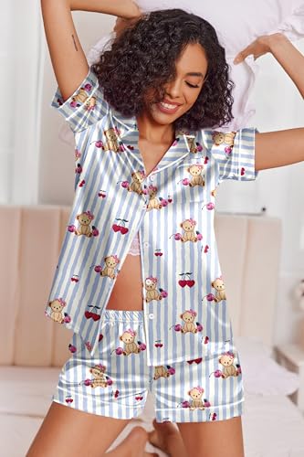 Image of Ekouaer Womens Satin Silk Pajamas Set Short Sleeve Sleepwear Button Down Top and Shorts Loungewear 2 Piece Pjs Set S-XXL