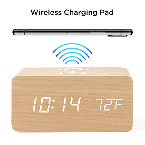 Oct17 Wooden Alarm Clock With Qi Wireless Charging Pad Compatible With Iphone Samsung Wood Led Digital Clock Sound Control Function, Time Date, Temperature Display For Bedroom Office Home - Wood #TOP3
