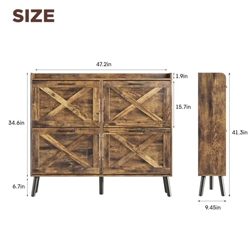 Image of Maupvit Large Shoe Storage Cabinet with 4 Flip Drawers, Narrow Shoe Cabinet for Entryway with Wooden Legs, Freestanding Hidden Shoe Rack Organizer & Metal Hinges, Rustic Brown