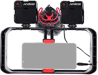 Andoer Smartphone Video Rig Kit Including Smartphone Cage with 3 Cold Shoe Mounts + 2pcs Mini LED Video Lights + Microphone with Shock Mount Wind Screen for Vlog Video Recording Live Streaming