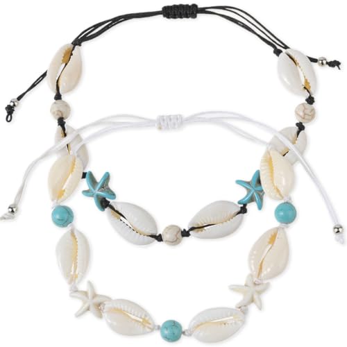 ZKGYUS Pulsera de concha de 2 piezas, pulsera hecha a mano de concha de cobalto natural para mujer, pulseras ajustables estilo playa hawaiana
