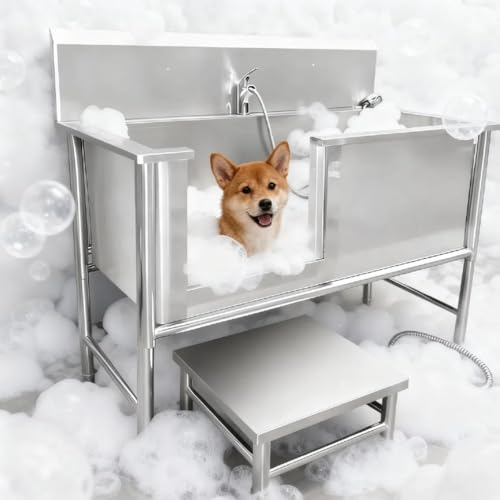 LumoLightプロフェッショナルステンレススチール製犬用グルーミング入浴ステーション(スツール付き)、ペット用ステーション、犬用グルーミング洗面台、犬用バスタブステーション、犬用ステーション大型犬用浴シャワーシンク、 (100*60*90cm,40cm
