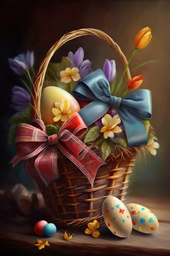 Diamond Painting Kits - Resurrection Egg & Bow Flower Basket Diamond Painting - Adult Children Full Round Crystal Embroidery Kit,for Easter Home Decor Wall Decor, Fantastic Friendship Gifts 12x16inch