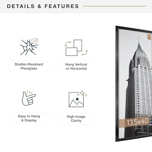 MCS Trendsetter 13.5x40 Poster Frame Black High-Gloss, Vertical & Horizontal Wall Hanging Large Picture Frame for Photos, Posters & Art Prints (1-Pack)