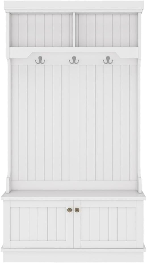 Hall Tree, Modern 4-in-1 Storage Hall Tree with Bench, Multi-Purpose Home Organizer with Coat Rack and Hooks, Entryway Coat Rack for Living Room, Hallway,White